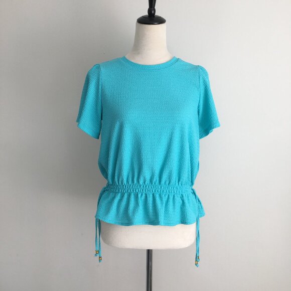 MICHAEL KORS Turquoise Blue Textured Gold Logo Hardware Drawstring Waist Shirt - Picture 5 of 11